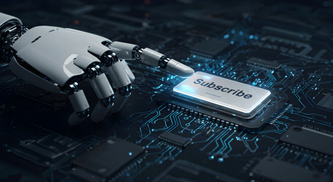 Robotic hand pressing the glowing Subscribe button on a microchip embedded in a futuristic, dark circuit board - Powered by Adobe
