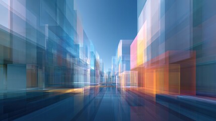 Abstract futuristic cityscape with transparent architectural structures reflecting vibrant colors and light.