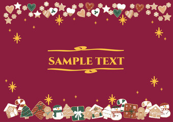 Classic Christmas cookie border background, elegant holiday design with icing cookie decorations on deep red background