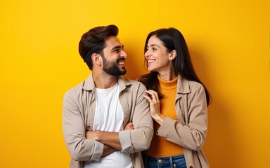 couple of emotional people man and woman on yellow background. High quality