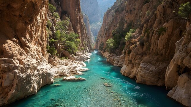 Captivating panoramic view showcasing a turquoise river winding through a dramatic, high-walled canyon under the sunlight, highlighting the natural beauty of the rocky landscape and clear water.