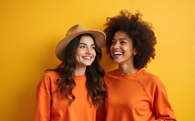 Two easy-going happy hipster Woman smiling, Stylish fashion orange colored outfit. Beautiful Girl in Trendy sweatshirt. Joyful sister, friend. Creative fashionable friendship banner. High quality