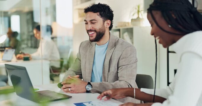 Laptop, business people and high five in office for celebration, investment target or funny joke. Computer, excited team and hands together for goal success, excellence or laugh for financial profit