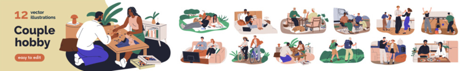 Obraz na płótnie Canvas Love couples and shared hobbies, set. Common mutual interests, leisure activities for romantic relationships. Partners spending time together. Flat vector illustrations isolated on white background