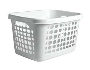 A white, rectangular plastic basket with cut-out openings, isolated on black