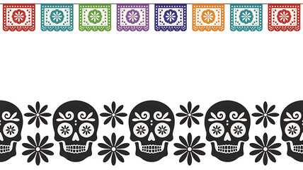 Traditional day of the dead sugar skull and papel picado banner border design for celebrations