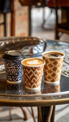 Three takeaway coffee cups on a cafe table