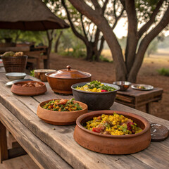 rustic wooden table with clay dishes full of fresh