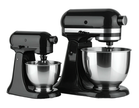 Two black stand mixers with stainless steel bowls, on a transparent background