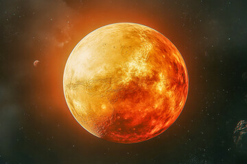 A vibrant planet emits a warm glow against the dark background of space, accompanied by a smaller celestial body in the distance