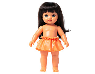 A small doll with black hair, blue eyes, and a vibrant orange skirt