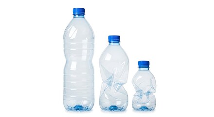 Three plastic water bottles of different sizes, isolated on white background