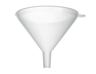 Isolated, clean, white plastic funnel with a cylindrical outlet and a small handle