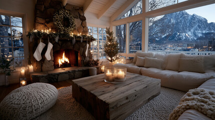 Cozy Christmas living room in log cabin – Wooden fireplace with wreaths and candles, snowy window view and decorated tree for holiday designs
