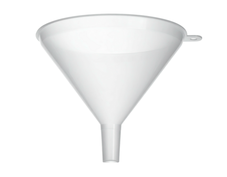 Isolated, clean, white plastic funnel with a cylindrical outlet and a small handle