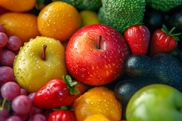 Vibrant display of fresh fruits and vegetables with water droplets, showcasing apples, grapes, and broccoli in a market setting