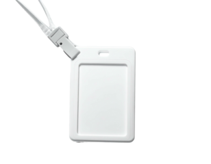 A white vertical ID card holder with a lanyard, set against a black backdrop
