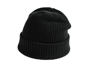 Isolated close-up of a black ribbed knit beanie hat on a plain background