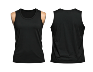 Front and back view of a black sleeveless athletic shirt on a dark background