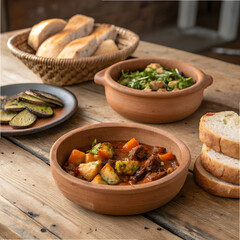 rustic wooden table with clay dishes full of fresh