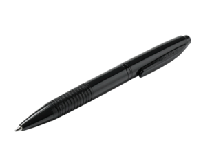 A sleek, black pen angled on a dark background with a reflective surface