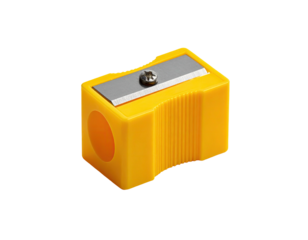A yellow pencil sharpener, featuring a silver blade and screw, sits on a black backdrop