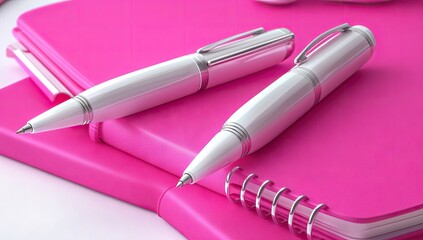 Two pens rest on pink notebook stack. Soft focus image