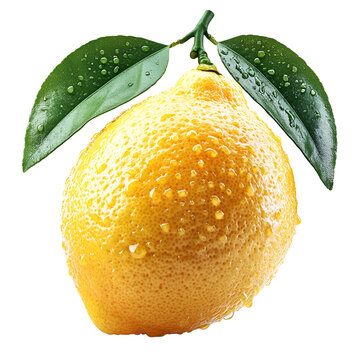 Single fresh lemon with leaves bright yellow color and water droplets