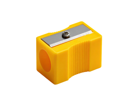 A yellow pencil sharpener, featuring a silver blade and screw, sits on a black backdrop
