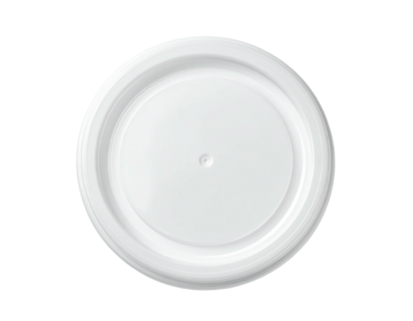 Top-down view of a plain, white, circular lid with concentric rings