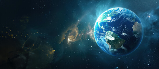 Obraz premium Earth in Cosmos: A breathtaking view of planet Earth suspended in the inky blackness of space, swirling cosmic elements, representing our planet's beauty, fragility, and the vastness of the universe.