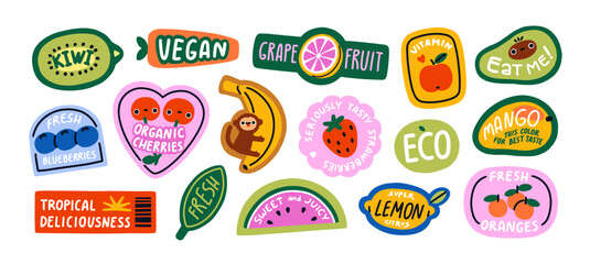 Fruit stickers set. Banana, lemon, apple and mango, tropical doodle patches in modern style. Summer vitamin food market, design elements. Flat vector illustrations isolated on white background