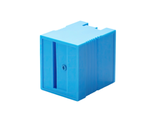 Blue plastic box with a vertical slit and a small hole, isolated on black