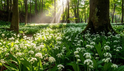 Forest landscape with bright sunlight