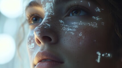 A female scientist is engaged exploring advanced, futuristic cyberspace filled with intricate digital data overlays that enrich her research and findings by showcasing complex patterns and information