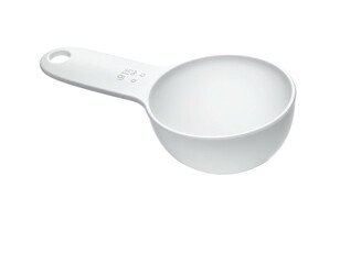 White plastic measuring cup, angled, handle with hole, isolated on black