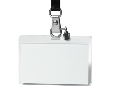 A blank white plastic identification badge with a black lanyard, isolated on black - Powered by Adobe