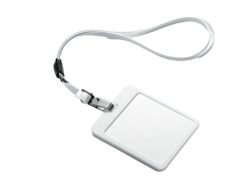 Clean, white rectangular ID tag with strap, clip, and blank space