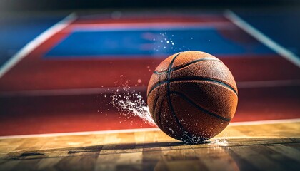 Basketball ball on the court with water splash, close-up shot.