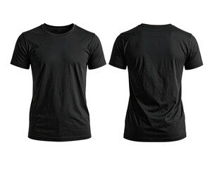 Front and back view of a plain black t-shirt on a black background