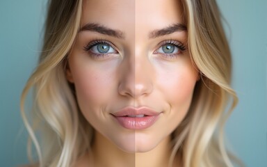 Obraz premium Beautiful young blonde woman before and after make-up applying. Face divided in two parts. High quality