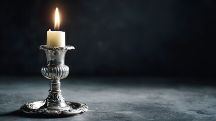 Burning candle in an elegant silver candlestick illuminates a dark background, creating a tranquil and warm atmosphere.