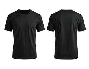 Front and back views of a black short-sleeved t-shirt on a black background