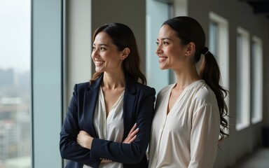 Two Women Standing Together in Modern Business Setting. High quality