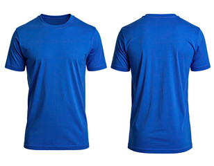 Front and back view of a vibrant blue, short-sleeved athletic t-shirt on black