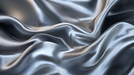 Obraz premium Flowing silver satin fabric gracefully drapes and creates beautiful waves and curves, reflecting light and displaying a smooth, elegant texture in shades of grey and shimmering highlights, exuding 