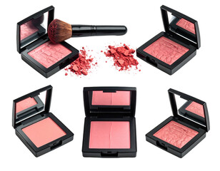 Blush compacts, a brush, and loose powder on a black background