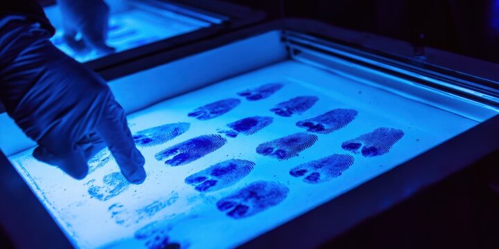 Forensic scientist examining fingerprints on ultraviolet light table