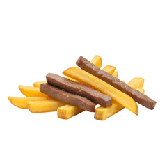 Pile Of Golden Fried Potatoes And Brown Seasoned Meat Sticks On Transparent Background