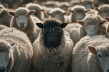 Obraz premium Black sheep wearing sunglasses in herd of white sheep